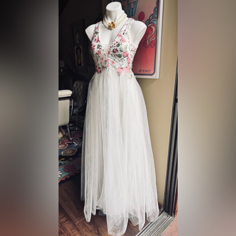My Michelle Floral Embroidered White Gown with Tille Skirt - Sz 5